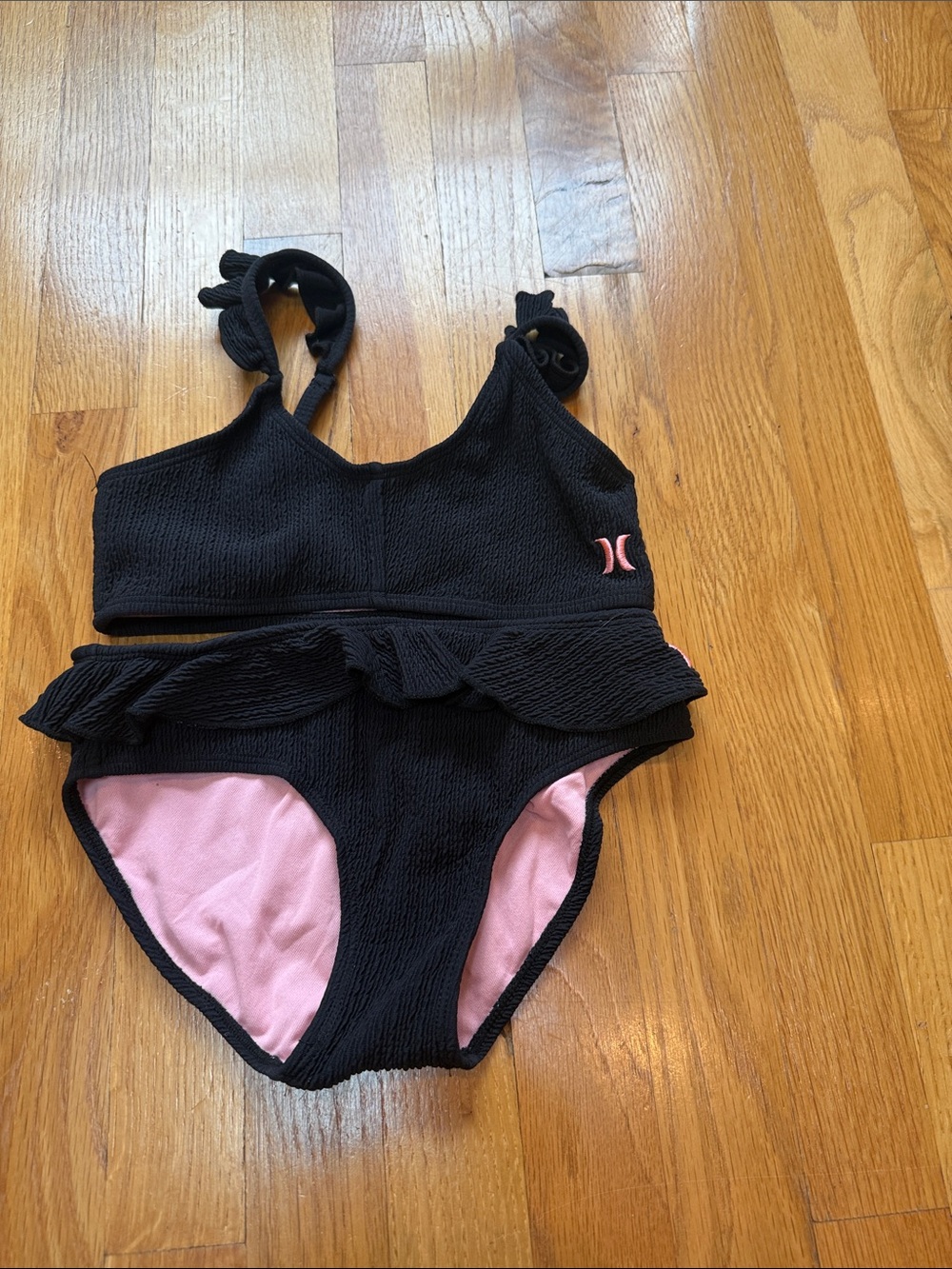 Hurley Black One-Piece Swimsuit with Pink Lining and Ruffle